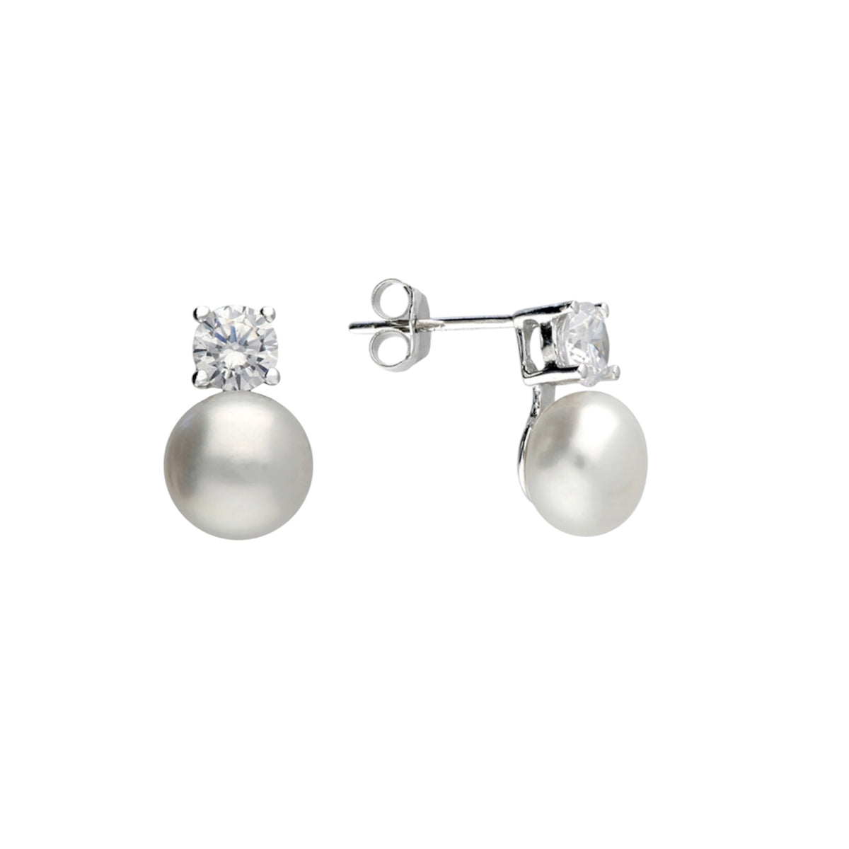 A pair of silver stud earrings featuring a round white freshwater pearl and a small clear round-cut stone in a prong setting, shown on a plain white background.