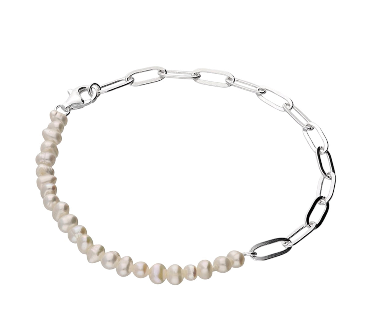 A silver chain bracelet featuring one half adorned with small, irregular white freshwater pearls, displayed on a clean white background.