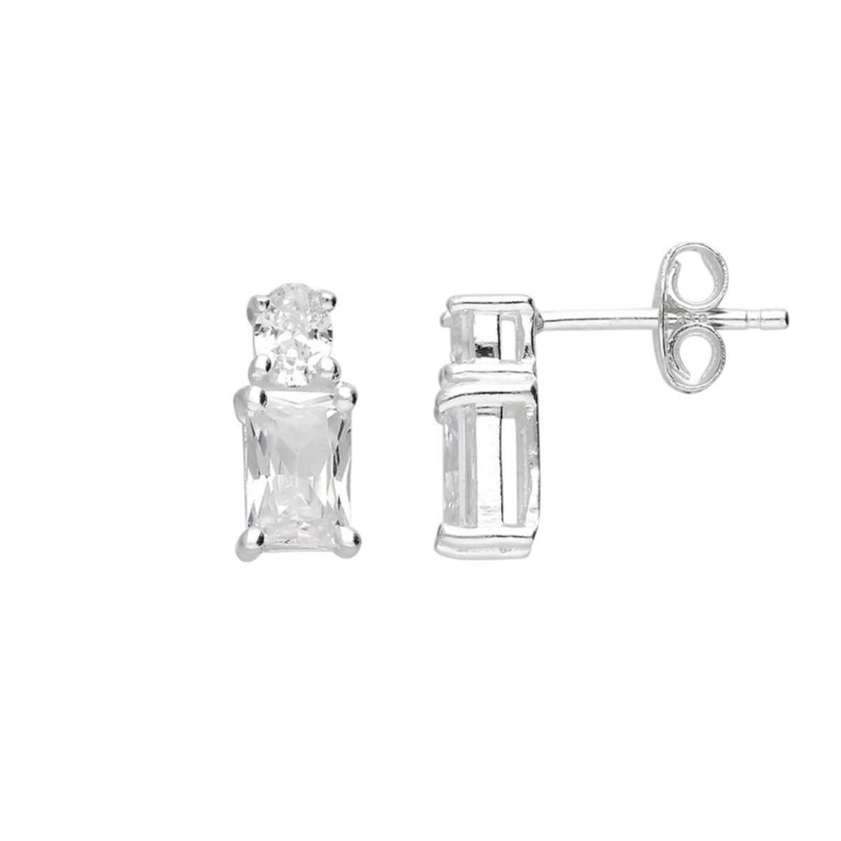 A pair of silver stud earrings with rectangular clear gemstones, shown from the front and side angles on a plain white background.