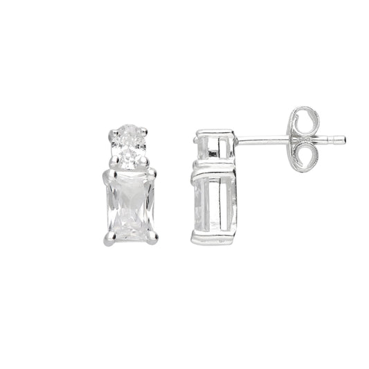 A pair of silver stud earrings with rectangular clear gemstones, shown from the front and side angles on a plain white background.