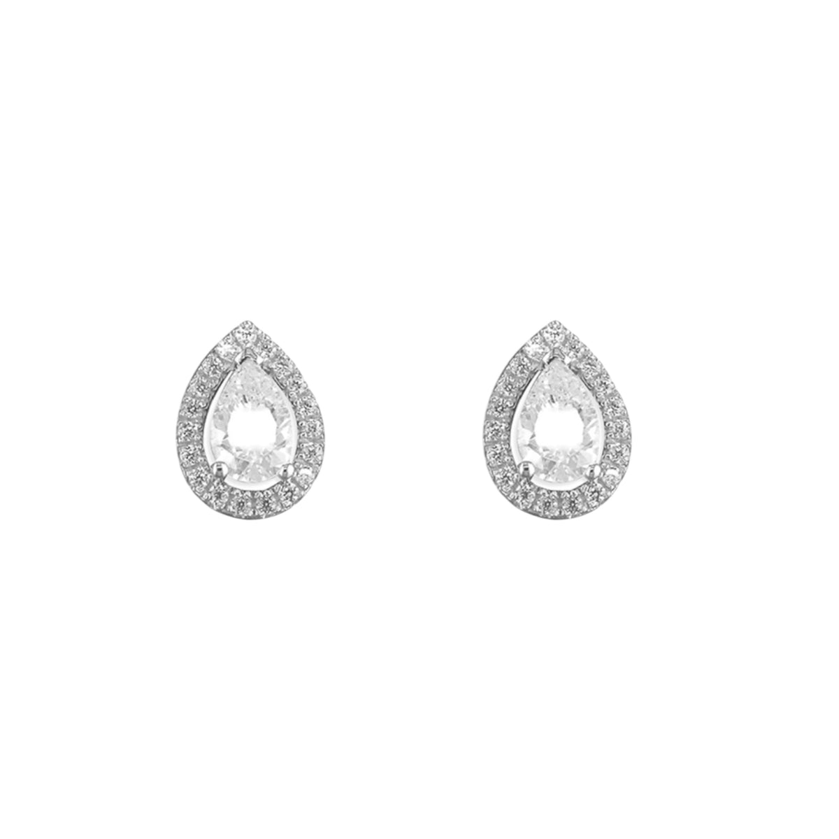 A pair of silver teardrop-shaped stud earrings with clear gemstones, set against a plain white background.