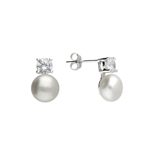 A pair of silver stud earrings featuring a round white freshwater pearl and a small clear round-cut stone in a prong setting, shown on a plain white background.